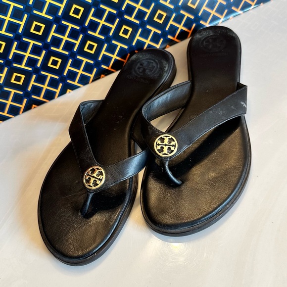 SOLD - Tory Burch Black Leather Sandals with Gold Logo Accent - Picture 1 of 5